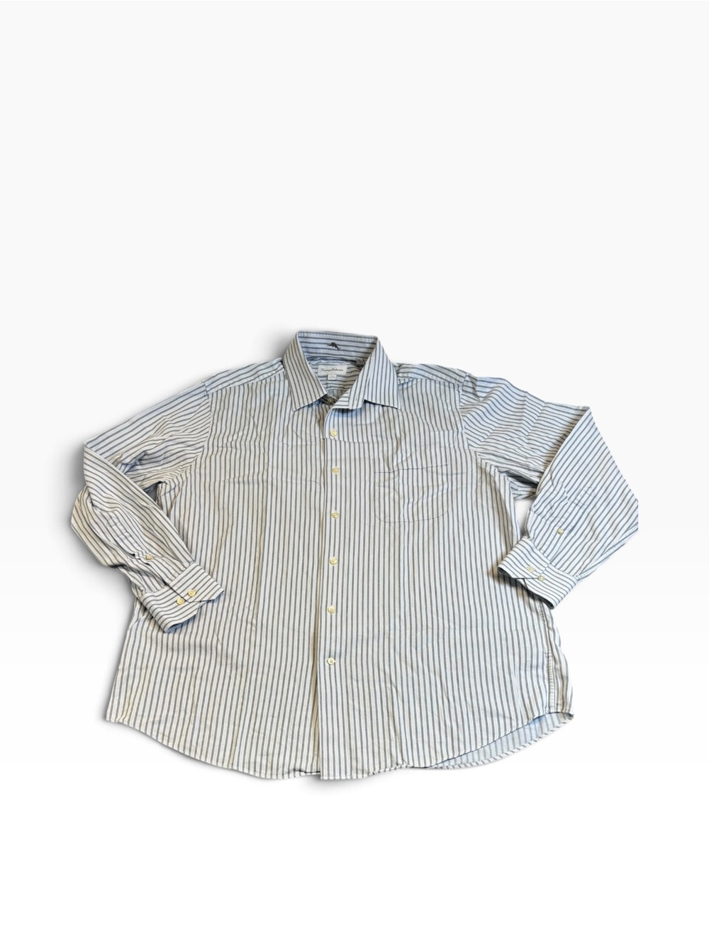 Tommy Bahama Striped Dress Shirt Mens 17 34/35 Grey White Button Down EUC